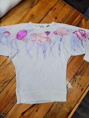 Vintage 80s Western Connection Floral Applique Knit Sweater Cream Pink M/L